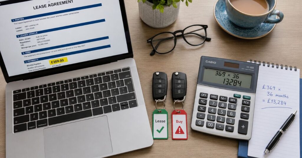 Electric car leasing UK guide showing two keys side by side with lease agreement and monthly payment calculator