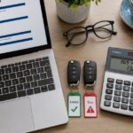 Electric car leasing UK guide showing two keys side by side with lease agreement and monthly payment calculator