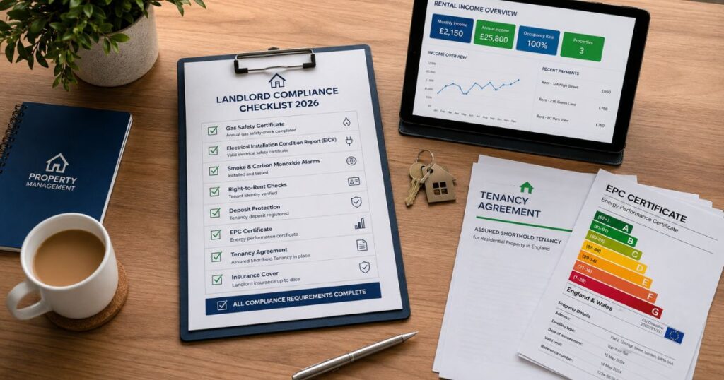 2026 UK landlord compliance checklist with tenancy and safety documents.